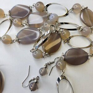 Smoky Taupe Grey Tan Bead Long Necklace Earring Set